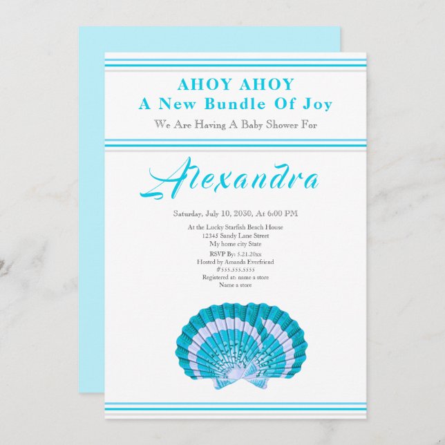 ブルーホタテ貝の貝殻男の子の赤ちゃんシャワー (正面/裏面)