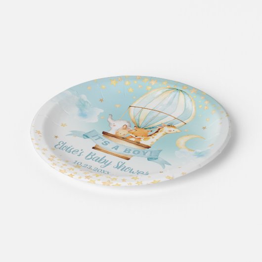 ブルーホットエアバルーンかわいい動物の男の子の赤ちゃんシャワー ペーパープレート (アングル)