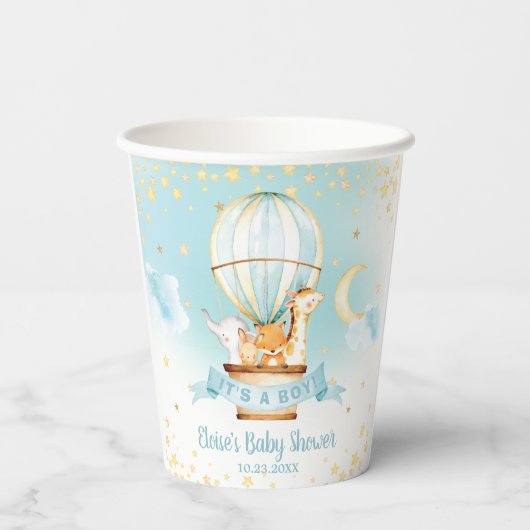 ブルーホットエアバルーンかわいい動物の男の子の赤ちゃんシャワー 紙コップ (裏面)