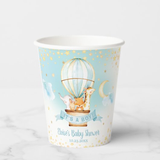 ブルーホットエアバルーンかわいい動物の男の子の赤ちゃんシャワー 紙コップ (正面)
