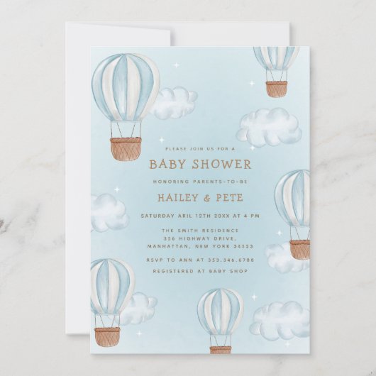 ブルーホットエアバルーンクラウドスターボーイベビーシャワー 招待状 (正面)