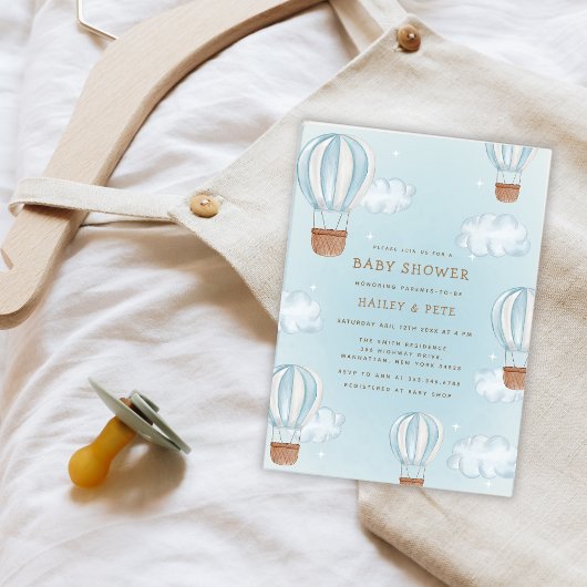 ブルーホットエアバルーンクラウドスターボーイベビーシャワー 招待状