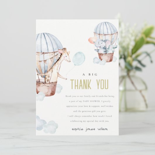 ブルーホットエアバルーンサファリベイビーシャワーありがとう 招待状 (スタンド正面)