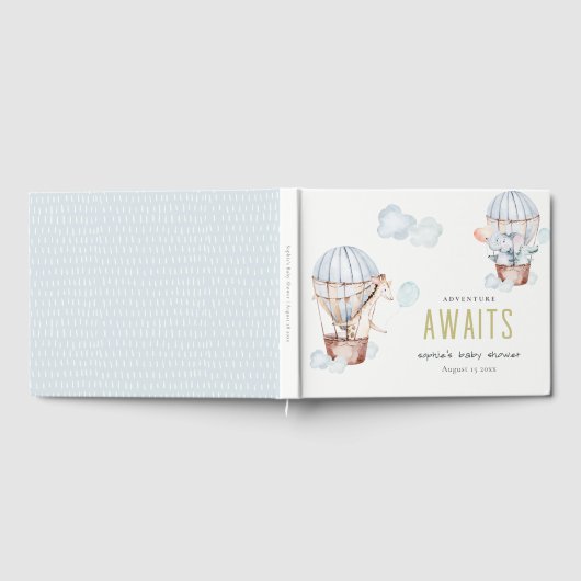 ブルーホットエアバルーンサファリ動物ベビーシャワー ゲストブック (全面)