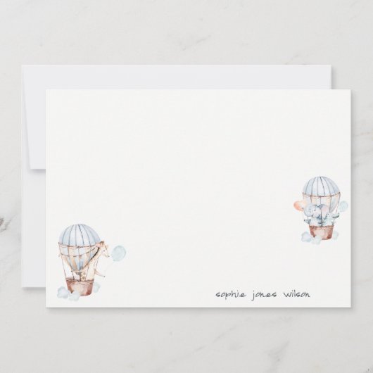 ブルーホットエアバルーンサファリ動物ベビーシャワー ノートカード (正面)