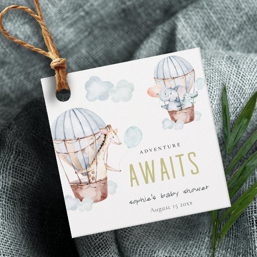 ブルーホットエアバルーンサファリ動物ベビーシャワー フェイバータグ