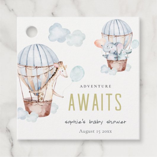 ブルーホットエアバルーンサファリ動物ベビーシャワー フェイバータグ (正面)