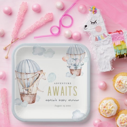 ブルーホットエアバルーンサファリ動物ベビーシャワー ペーパープレート (パーティー)
