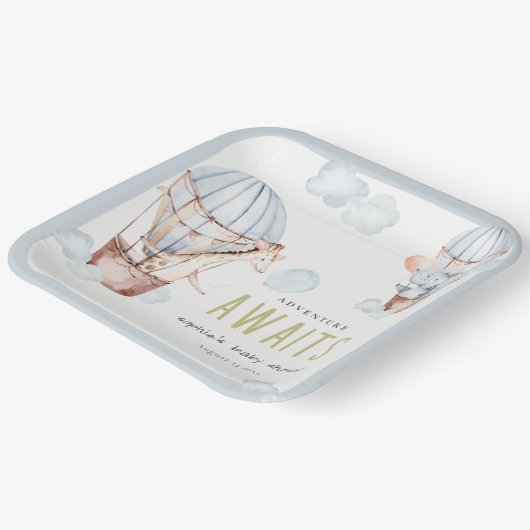 ブルーホットエアバルーンサファリ動物ベビーシャワー ペーパープレート (傾斜あり)