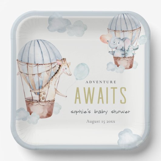ブルーホットエアバルーンサファリ動物ベビーシャワー ペーパープレート (正面)