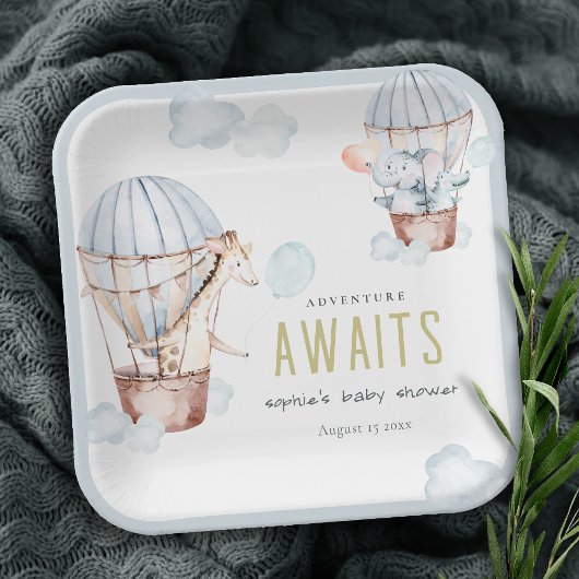 ブルーホットエアバルーンサファリ動物ベビーシャワー ペーパープレート