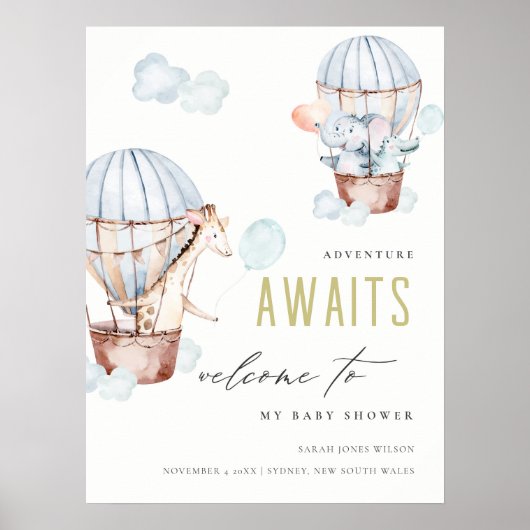 ブルーホットエアバルーンサファリ動物ベビーシャワー ポスター (正面)