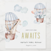 ブルーホットエアバルーンサファリ動物ベビーシャワー ワインラベル (シングルラベル)