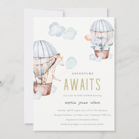 ブルーホットエアバルーンサファリ動物ベビーシャワー 招待状 (正面)