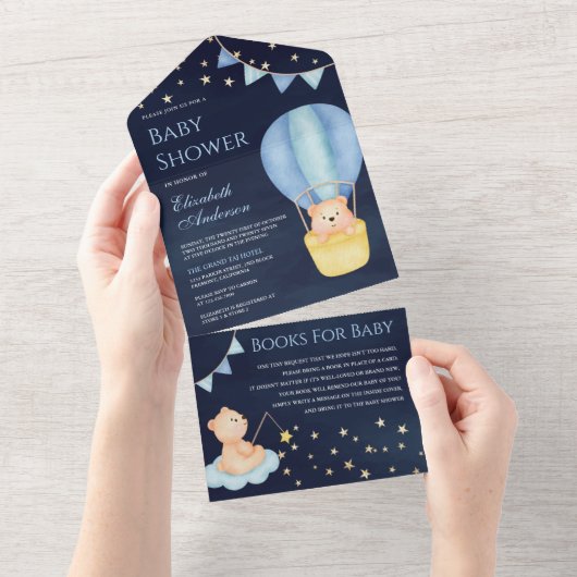 ブルーホットエアバルーンテディベア海軍ベビーシャワー オールインワン招待状 (貼ってはがせる)