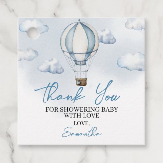 ブルーホットエアバルーンベビーシャワーメッセージカード フェイバータグ (正面)