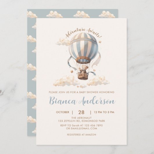 ブルーホットエアバルーンベビーシャワー招待状 招待状 (正面/裏面)
