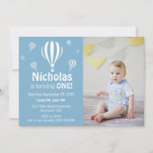 ブルーホットエアバルーンベビー初の誕生日写真 招待状 (正面)