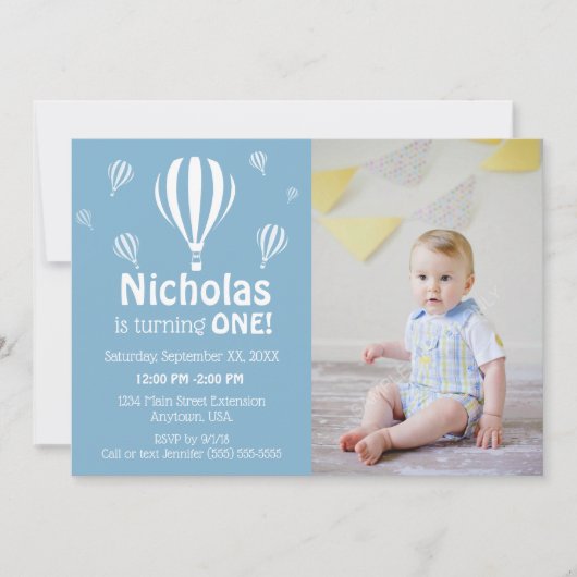 ブルーホットエアバルーンベビー初の誕生日写真 招待状 (正面)