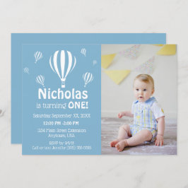 ブルーホットエアバルーンベビー初の誕生日写真 招待状