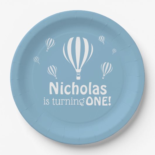 ブルーホットエアバルーンベビー初誕生日 ペーパープレート (正面)