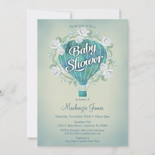 ブルーホットエアバルーンボーイズ赤ちゃんシャワー招待状 招待状 (正面)