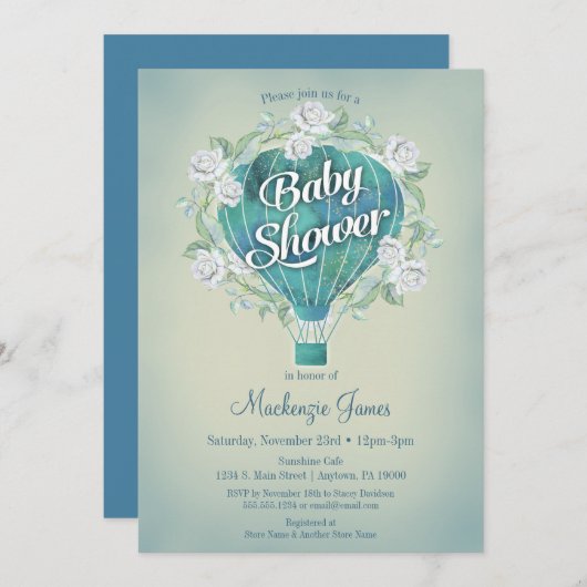 ブルーホットエアバルーンボーイズ赤ちゃんシャワー招待状 招待状 (正面/裏面)