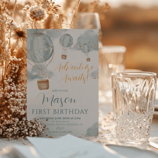 ブルーホットエアバルーンボーイファースト誕生日 招待状
