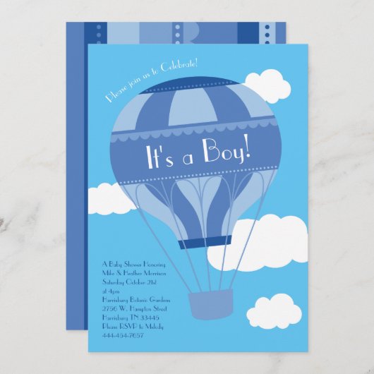 ブルーホットエアバルーンボーイベビーシャワーヴィンテージ 招待状 (正面/裏面)
