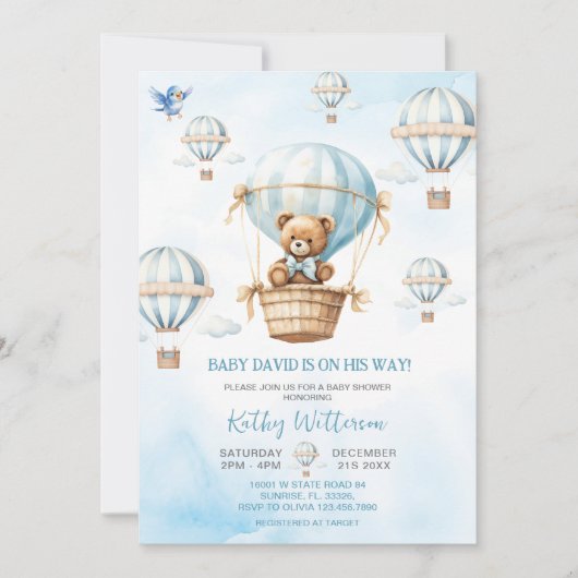 ブルーホットエアバルーンボーイベビーシャワー 招待状 (正面)