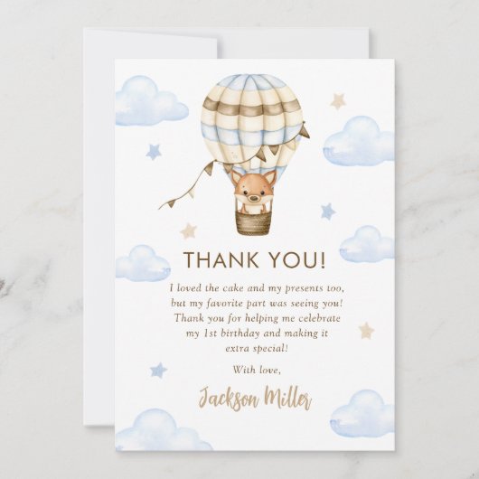 ブルーホットエアバルーンボーイ第1誕生日 サンキューカード (正面)