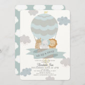 ブルーホットエアバルーン動物少年の赤ちゃんシャワー 招待状 (正面/裏面)