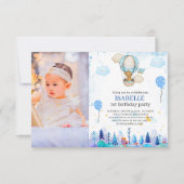 ブルーホットエアバルーン招待、女の子1歳の誕生日 招待状 (正面)