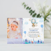 ブルーホットエアバルーン招待、女の子1歳の誕生日 招待状 (スタンド正面)