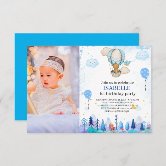 ブルーホットエアバルーン招待、女の子1歳の誕生日 招待状 (正面/裏面)