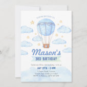 ブルーホットエアバルーン招待、男の子1歳の誕生日 招待状 (正面)