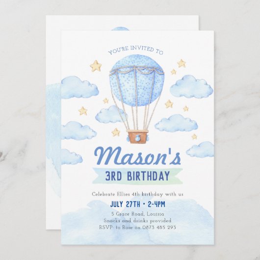 ブルーホットエアバルーン招待、男の子1歳の誕生日 招待状 (正面/裏面)