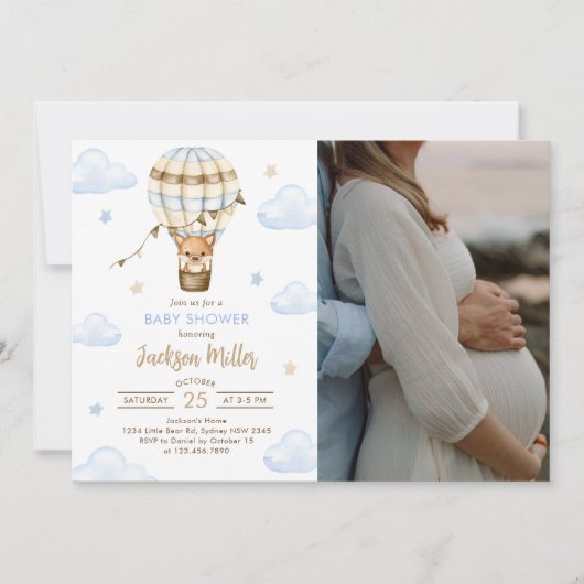 ブルーホットエアバルーン男の子ベイビーシャワー写真 招待状 (正面)