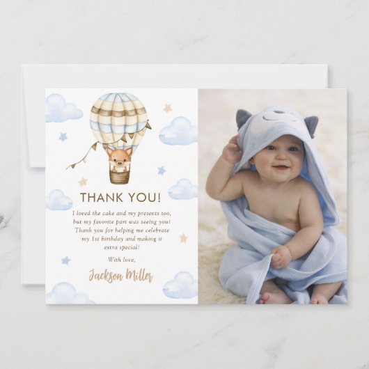 ブルーホットエアバルーン男の子1st誕生日の写真 サンキューカード (正面)