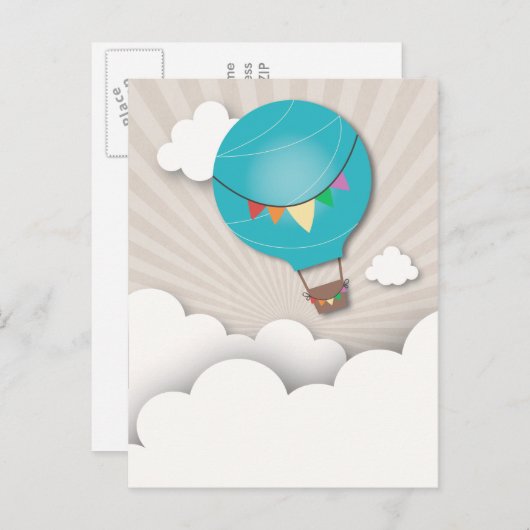 ブルーホットエアバルーン誕生日パーティーポストカード インビテーションポストカード (正面/裏面)