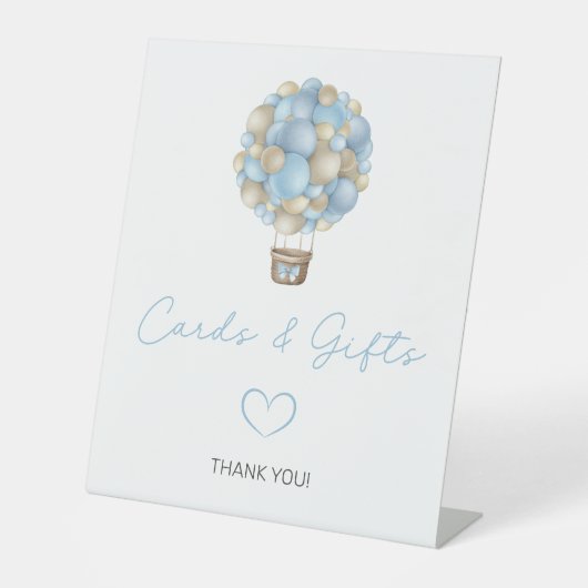 ブルーホットエアバルーン赤ちゃんシャワーカードとギフト 台座サイン (正面)