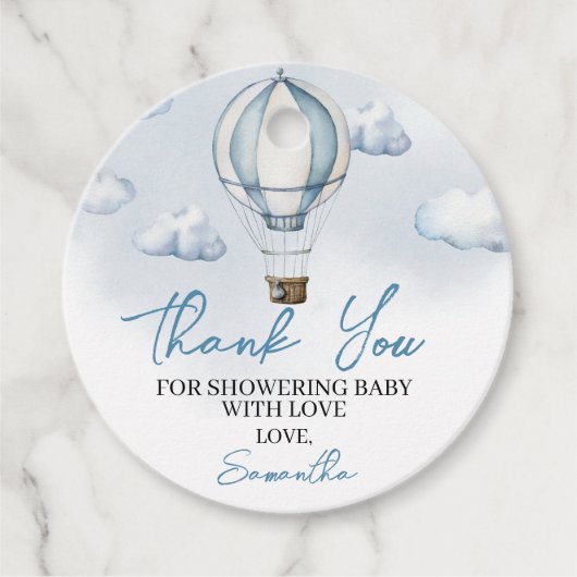 ブルーホットエアバルーン赤ちゃんシャワー丸メッセージカード フェイバータグ (正面)