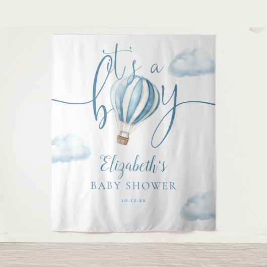 ブルーホットエアバルーン赤ちゃんシャワー写真背景 タペストリー (正面)