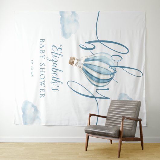 ブルーホットエアバルーン赤ちゃんシャワー写真背景 タペストリー (インサイチュ(横))