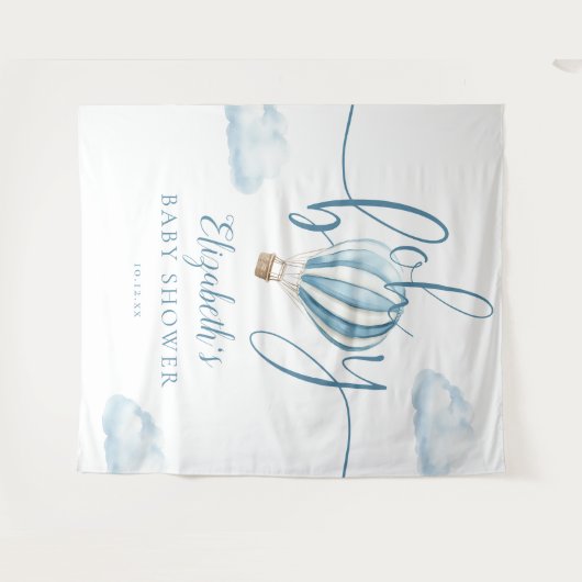 ブルーホットエアバルーン赤ちゃんシャワー写真背景 タペストリー (正面(横))