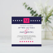 ブルーホットピンクモノグラムモダン結婚式招待状 招待状 (スタンド正面)