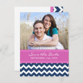 ブルーホットピンク写真日付のハガキ結婚を保存 案内ポストカード (正面/裏面)