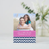 ブルーホットピンク写真日付のハガキ結婚を保存 案内ポストカード (スタンド正面)