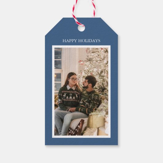 ブルーホリーすてきクリスマス写真と家族の名前 ギフトタグ (裏面)