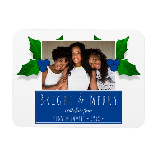 ブルーホリーベリー植物の葉フォトクリスマス マグネット (横)